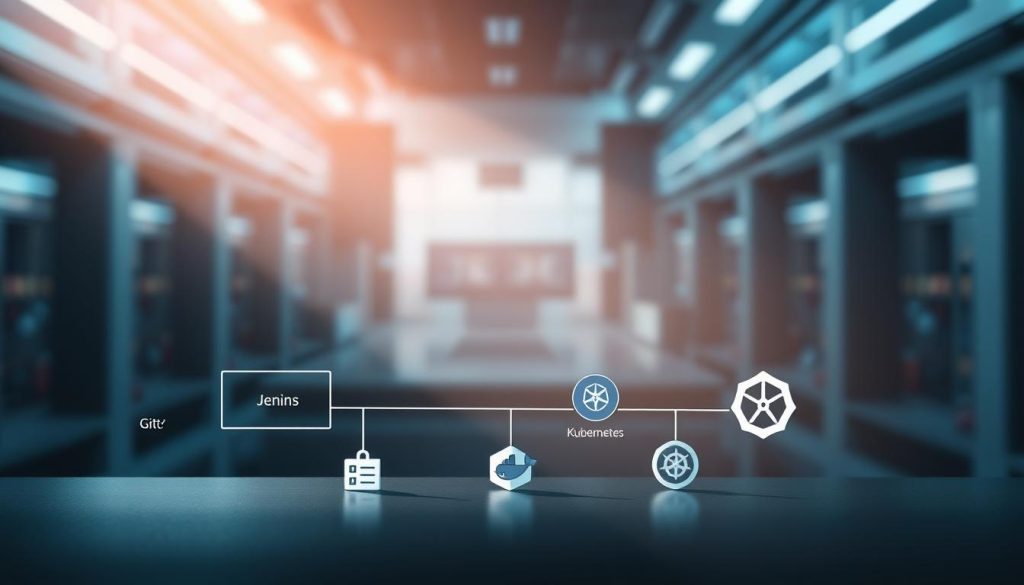 A modern, sleek software integration scene showcasing Jenkins' seamless collaboration with various DevOps tools. In the foreground, a Jenkins pipeline diagram elegantly displays connections to Git, Docker, Kubernetes, and other key components. The middle ground features clean, minimalist icons representing the integrated tools, arranged in a visually appealing, symmetrical layout. The background is a subtly blurred, high-tech environment, with hints of futuristic architecture and a cool, blue-toned color palette to convey a sense of advanced, efficient software engineering. Dramatic, directional lighting from the upper left casts sharp shadows, adding depth and emphasizing the cohesive integration of the tools. The overall mood is one of professionalism, efficiency, and technological sophistication.
