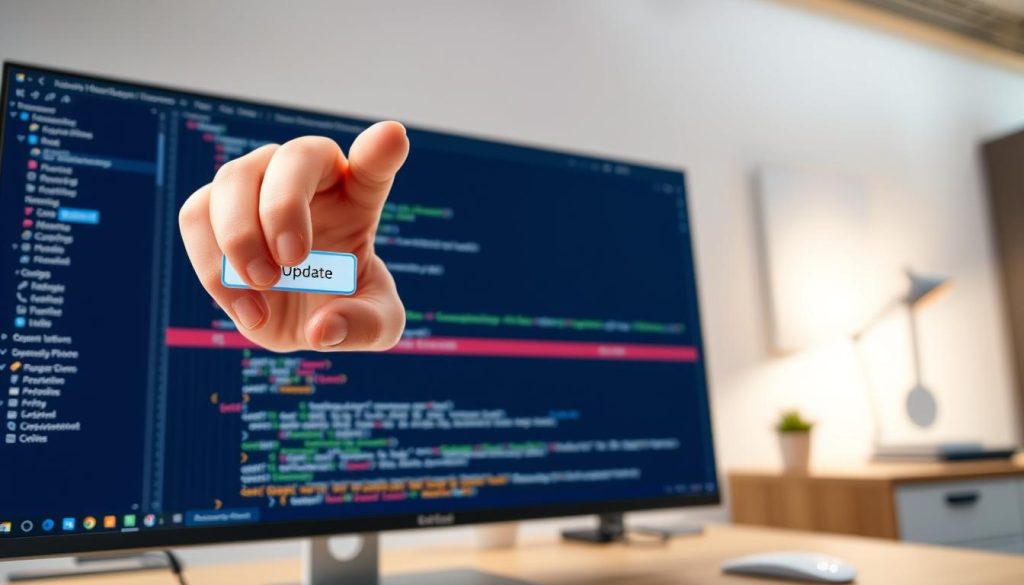 A modern software development workspace, the foreground features a sleek, high-resolution display of the Visual Studio Code (VSCode) interface. In the middle ground, a hand hovers over the "Update" button, ready to initiate a seamless version upgrade. The background depicts a clean, minimalist workspace, with subtle cues hinting at the power of technology to resolve extension loading issues. Vibrant colors, crisp lines, and a sense of anticipation convey the idea of a straightforward, efficient solution to the problem at hand. Soft lighting and a calm, professional atmosphere set the tone for a reliable, user-friendly experience.