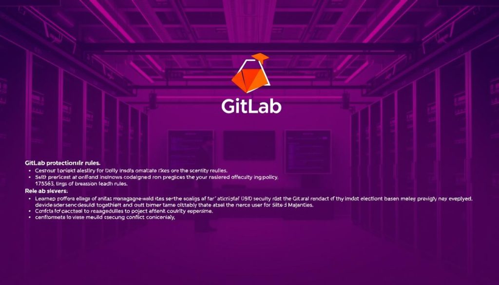 A modern software development workspace with a GitLab logo prominently displayed in the center. The workspace is bathed in a warm, regal purple hue (RGB code #7955a3), creating a sense of professionalism and authority. In the foreground, a series of GitLab protection rules are outlined, detailing various security measures and policies to safeguard the codebase. The middle ground features a team of developers collaborating on a project, their expressions focused and determined. In the background, a sleek, high-tech infrastructure with servers and network equipment provides the technical foundation for the GitLab environment. The overall scene conveys the importance of effective merge conflict management within a robust and secure DevOps pipeline. A modern software development workspace with a GitLab logo prominently displayed in the center. The workspace is bathed in a warm, regal purple hue (RGB code #7955a3), creating a sense of professionalism and authority. In the foreground, a series of GitLab protection rules are outlined, detailing various security measures and policies to safeguard the codebase. The middle ground features a team of developers collaborating on a project, their expressions focused and determined. In the background, a sleek, high-tech infrastructure with servers and network equipment provides the technical foundation for the GitLab environment. The overall scene conveys the importance of effective merge conflict management within a robust and secure DevOps pipeline.