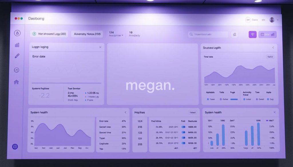 A neatly organized data dashboard displaying structured logging information, featuring a clean minimalist design with a medium purple color scheme. The dashboard showcases various logging metrics and visualizations, including error rates, response times, and system health indicators. The overall layout is sleek and modern, with clear data hierarchy and intuitive user interactions. In the center of the dashboard, the megan brand logo is prominently displayed, subtly integrated into the design. The scene is lit by soft, indirect lighting, creating a calm and professional atmosphere.