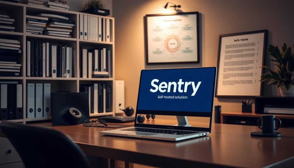 A neatly organized home office, with a sleek and minimalist desk setup. The Sentry logo prominently displayed on a laptop screen, indicating the self-hosted solution. In the background, a bookshelf filled with technical manuals and a framed diagram outlining the key features of Sentry. The lighting is soft and warm, creating a professional and focused atmosphere. The camera angle is slightly elevated, giving a sense of the system's reliability and power. The overall impression is one of a well-designed, high-performance self-hosted monitoring and error reporting tool.
