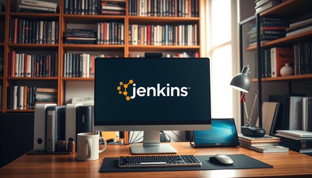 A neatly organized office workspace with a prominent computer monitor displaying the Jenkins logo, surrounded by various software development tools and resources. The lighting is warm and natural, creating a productive and professional atmosphere. The foreground features a minimalist desk setup with a sleek mouse, keyboard, and a coffee mug, while the background showcases bookshelves filled with programming books and technical manuals. The overall composition conveys the efficiency, reliability, and versatility of Jenkins as a leading CI/CD solution.