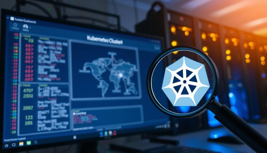 A network administrator's desk, illuminated by a soft, ambient light. On the screen, a Kubernetes cluster diagram with various nodes and connections. The foreground features a magnifying glass hovering over the diagram, highlighting a specific problematic area. The background showcases a server rack with blinking LEDs, conveying the complex infrastructure supporting the Kubernetes network. The overall scene has a contemplative, problem-solving atmosphere, inviting the viewer to delve into the intricacies of troubleshooting Kubernetes networking issues.