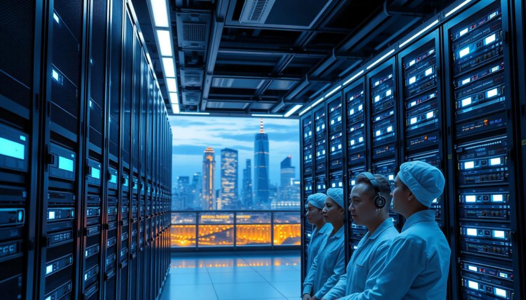 A pristine data center with towering server racks and glowing LED displays, bathed in a soft, ambient lighting that conveys a sense of efficiency and technological sophistication. In the foreground, a team of technicians in clean-room attire carefully monitor the systems, their expressions conveying a deep understanding of the intricate cloud infrastructure they maintain. The background showcases a panoramic view of a modern city skyline, symbolizing the seamless integration of the cloud services with the business landscape. The overall scene evokes a feeling of reliability, scalability, and the transformative power of cloud computing for enterprises.