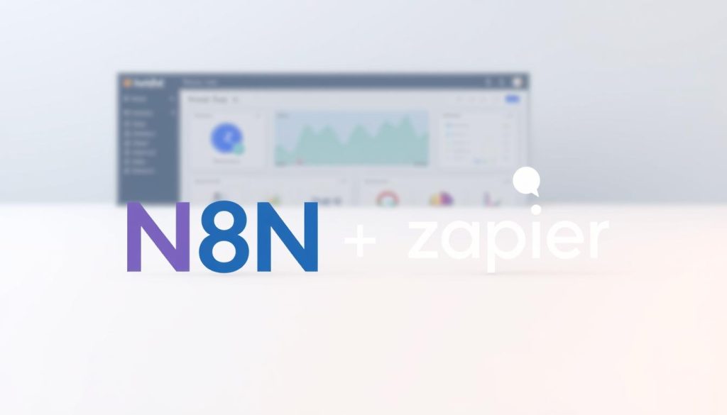 A professional, clean, and well-designed illustration of the N8N and Zapier automation tools, showcased in a modern, minimalist style. The image should feature the two logos prominently in the foreground, with a simplified and abstract representation of their respective user interfaces or dashboards in the background. Use a soft, muted color palette with gentle gradients to create a sense of depth and balance. The lighting should be soft and diffused, creating an inviting and approachable atmosphere. The composition should be well-balanced, with the logos and UI elements arranged in a visually appealing and harmonious manner. Avoid excessive clutter or distracting elements, keeping the focus on the core subject matter.