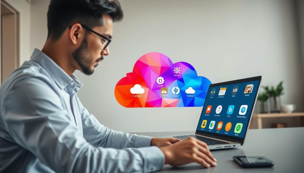 A professional data storage technology expert contemplating the selection of a suitable cloud storage service. The foreground depicts a person sitting at a desk, studying various cloud storage icons and logos on a laptop screen. The middle ground showcases a vibrant, abstract cloud-like formation, representing the diverse cloud storage options. The background features a serene, minimalist office environment with clean lines and muted tones, creating a sense of focus and contemplation. Soft, diffused lighting illuminates the scene, conveying a thoughtful, analytical mood. The composition emphasizes the decision-making process involved in choosing the right cloud storage solution for the user's needs.