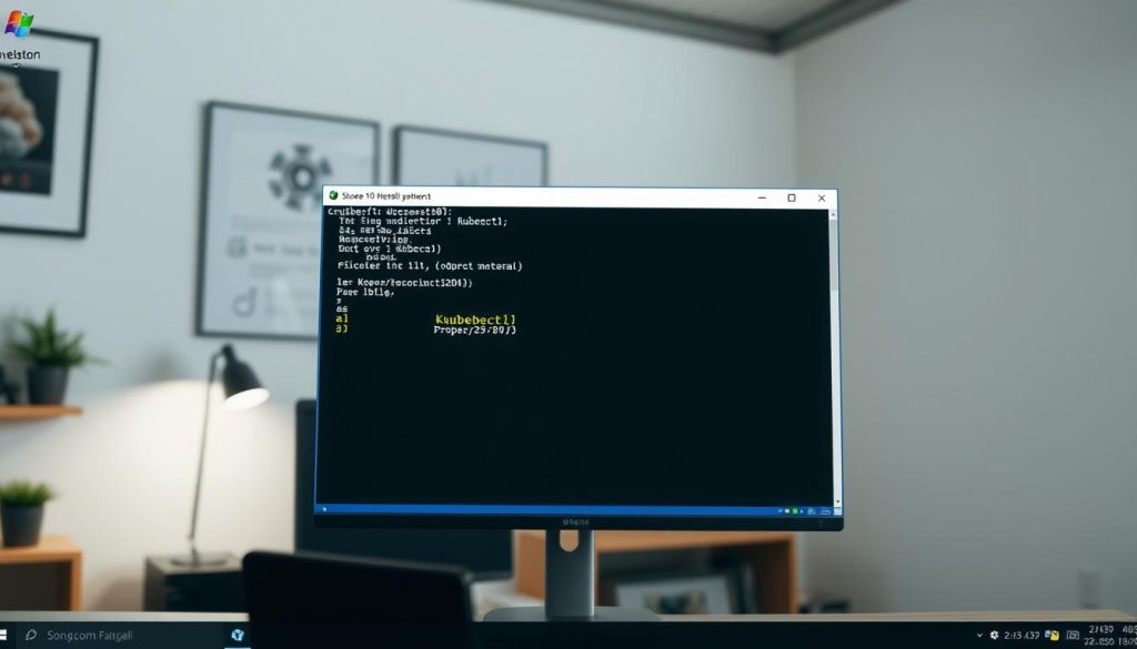 A professional, high-quality image of a Windows 10 desktop environment with a prominent focus on the command prompt window displaying the "kubectl" command and its successful execution. The background should convey a sense of a software development or IT operations workspace, with minimalist decor and neutral tones to draw attention to the central action. Lighting should be soft and diffused, creating a calm, informative atmosphere. The camera angle should be slightly elevated, providing a clear view of the screen without distracting elements. The overall composition should be balanced and visually appealing, effectively illustrating the "Installing kubectl on Windows" section of the article.