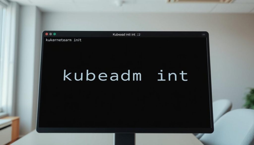 A professional-looking Linux terminal window on a modern workstation, displaying the command "kubeadm init" in a clean and well-organized layout. The text is prominently featured, with a soft, even lighting illuminating the scene. The background is a minimalist, neutral-toned office or workspace, allowing the command prompt to be the focal point. The overall atmosphere is one of focus and technical expertise, conveying the importance of the "kubeadm init" command in the context of Kubernetes deployment and troubleshooting.