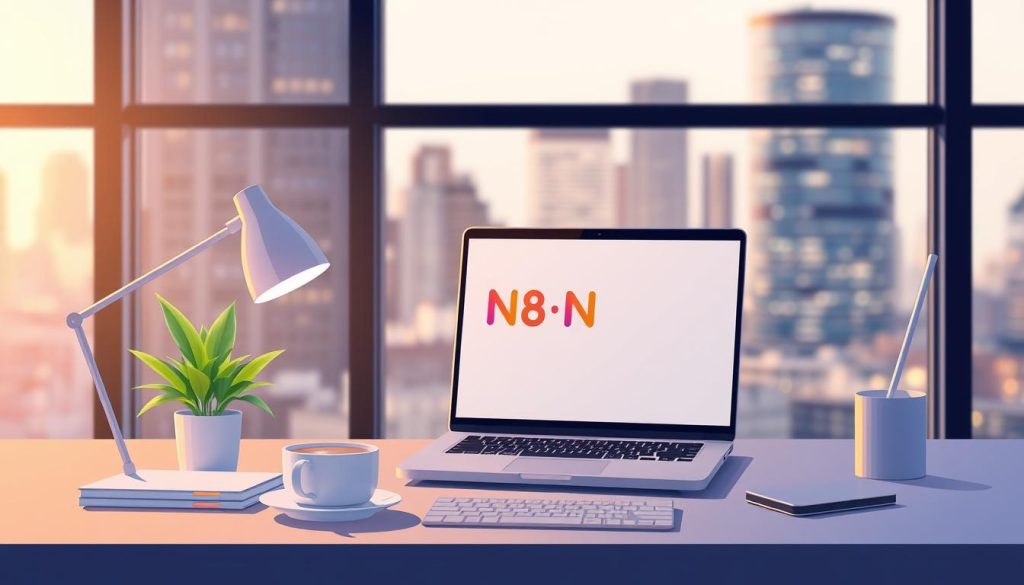 A professional, modern-looking illustration of N8N as an essential business service. A sleek, minimalist desktop setup with an N8N logo prominently displayed on a laptop screen. A neatly organized workspace with a potted plant, a cup of coffee, and a stylish desk lamp, all bathed in warm, diffused lighting. In the background, a blurred cityscape visible through a large window, conveying a sense of a thriving, productive work environment. The overall tone should be one of efficiency, productivity, and the value N8N brings to modern businesses.