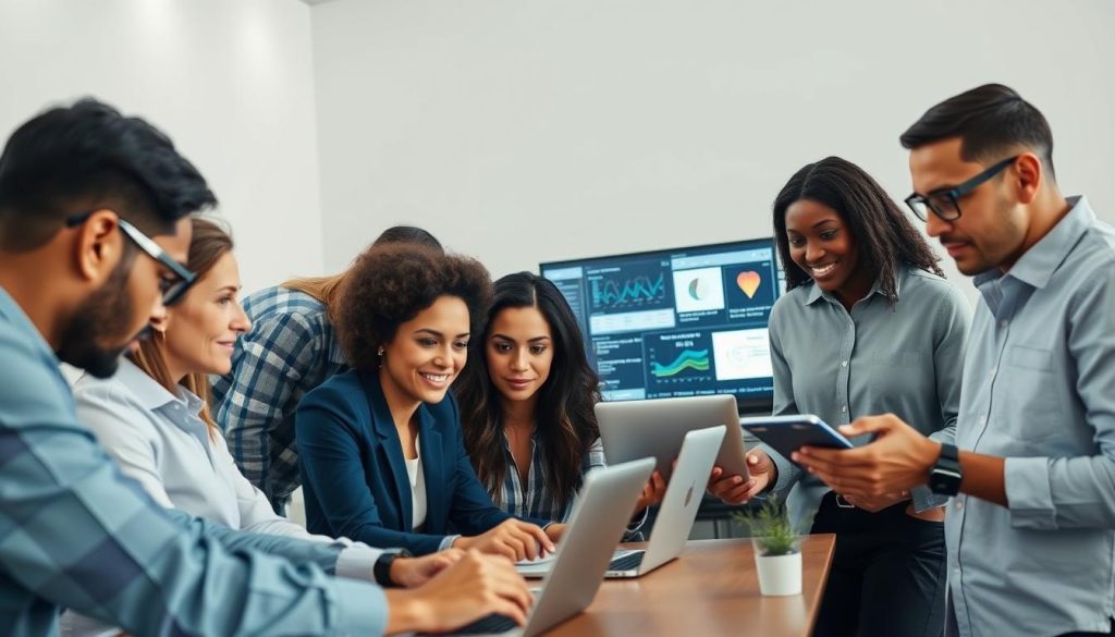A professional team working together, each member focused on their specialized tasks. The foreground features a diverse group collaborating on digital devices, their expressions intent and engaged. The middle ground showcases various task management tools and analytics displayed on screens, reflecting the team's specialized needs. The background depicts a modern, minimalist office environment with clean lines and muted tones, creating a harmonious, productive atmosphere. Soft, diffused lighting illuminates the scene, emphasizing the team's concentration and efficient workflow. An overall sense of organization, coordination, and technological prowess permeates the image.