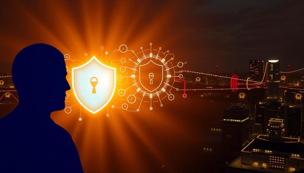A secure and robust Jenkins pipeline, bathed in a warm, authoritative glow. The foreground depicts Jenkins' iconic blue silhouette, radiating a sense of trust and reliability. In the middle ground, intricate security protocols and access controls are visually represented, conveying the importance of shielding the CI/CD process. The background features a cityscape of software development, with servers and data centers symbolizing the need for end-to-end security in modern, agile software engineering. The overall atmosphere is one of confidence, professionalism, and unwavering commitment to secure, automated deployment.