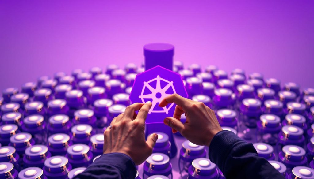 A serene Kubernetes cluster unfolds, its nodes arrayed in a majestic Royal Purple (#7955a3) hue. The control plane stands tall, surrounded by a network of pods, each one a gleaming container of precise configuration. In the foreground, a skilled administrator's hands delicately adjust the YAML manifests, orchestrating the intricate dance of resources. The background is softly blurred, drawing the eye to the central figure - a symbol of the essential art of configuration management, the key to taming the complexity of modern cloud-native environments. A serene Kubernetes cluster unfolds, its nodes arrayed in a majestic Royal Purple (#7955a3) hue. The control plane stands tall, surrounded by a network of pods, each one a gleaming container of precise configuration. In the foreground, a skilled administrator's hands delicately adjust the YAML manifests, orchestrating the intricate dance of resources. The background is softly blurred, drawing the eye to the central figure - a symbol of the essential art of configuration management, the key to taming the complexity of modern cloud-native environments.