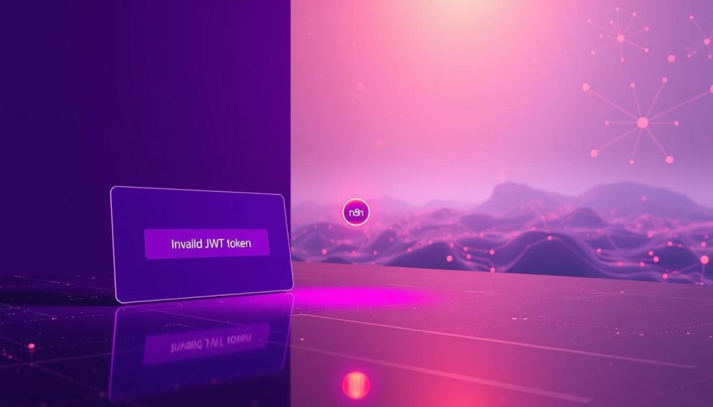 A serene and futuristic scene depicting the issue of "Invalid JWT token" in the n8n workflow automation tool. The foreground features a sleek, minimalist interface displaying an error message against a striking Royal Purple (#7955a3) backdrop, conveying a sense of technological sophistication. The middle ground showcases a tangible representation of the JWT token, a small glowing sphere hovering in midair, evoking the underlying cryptographic authentication mechanism. In the background, a vast, dreamlike landscape of interconnected nodes and data streams symbolizes the complex web of processes within n8n, all bathed in a warm, ambient glow. The overall atmosphere is one of thoughtful contemplation, inviting the viewer to delve deeper into the nuances of this technical challenge.