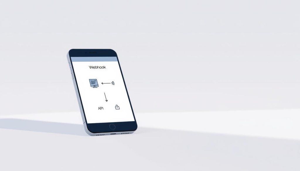 A serene and minimalist illustration depicting the core concept of a Webhook. In the foreground, a sleek, modern smartphone displays a simplified webhook diagram, with clean lines and subtle icons representing the key components - a server, an API, and a client application. The background is a soft, muted gradient, creating a calming atmosphere that emphasizes the simplicity and elegance of the webhook mechanism. The lighting is soft and diffused, casting gentle shadows that add depth and dimension to the scene. The camera angle is slightly elevated, giving the viewer a sense of clarity and understanding of the webhook's purpose and functionality.