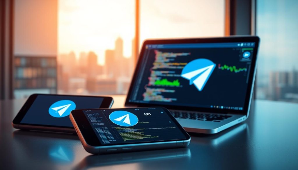 A serene and modern digital workspace with sleek devices and stylized UI elements. In the foreground, a smartphone displays the Telegram logo, seamlessly integrating with a laptop or tablet showcasing API code snippets. The middle ground features data visualizations, charts, and graphs, representing the interconnectivity of Telegram's API with other services. The background depicts a softly blurred cityscape, hinting at the global reach and versatility of the Telegram platform. The lighting is warm and diffused, creating a professional, yet inviting atmosphere. The composition emphasizes the harmony between technology, communication, and integration.
