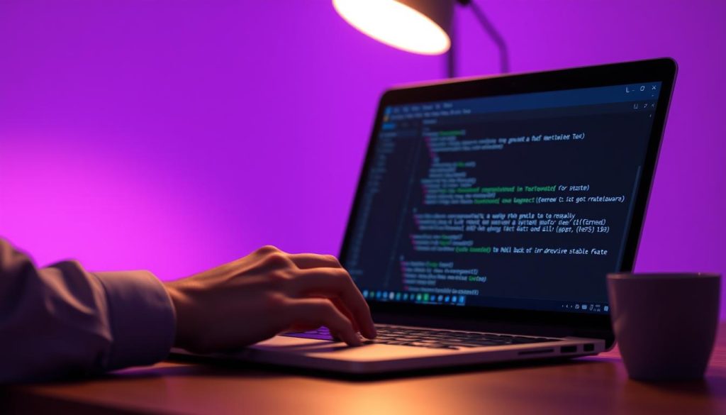A serene and tranquil scene depicting a software engineer carefully rolling back a system to a previous stable version. In the foreground, a hand delicately interacts with a laptop screen, navigating through a software deployment interface. The background is shrouded in a hazy Royal Purple (#7955a3) hue, creating a sense of contemplation and focus. Soft lighting casts a warm glow, emphasizing the importance of this critical task. The overall atmosphere conveys the gravity of the situation and the need for a methodical, well-planned approach to ensure a successful rollback.