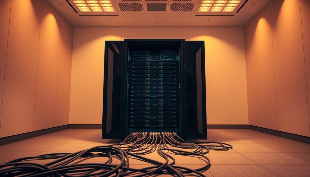 A serene and well-designed server room with a 19-inch server rack in the center, housing multiple N8N nodes. The rack is illuminated by warm, indirect lighting, casting a soft glow over the scene. The background features sleek, minimalist walls and a raised floor, suggesting a high-efficiency, low-maintenance environment. In the foreground, a series of network cables and power cords neatly converge at the rack, emphasizing the interconnectivity and stability of the setup. The overall atmosphere conveys a sense of order, reliability, and technological sophistication, reflecting the efforts to enhance the sustainability and resilience of the N8N system.