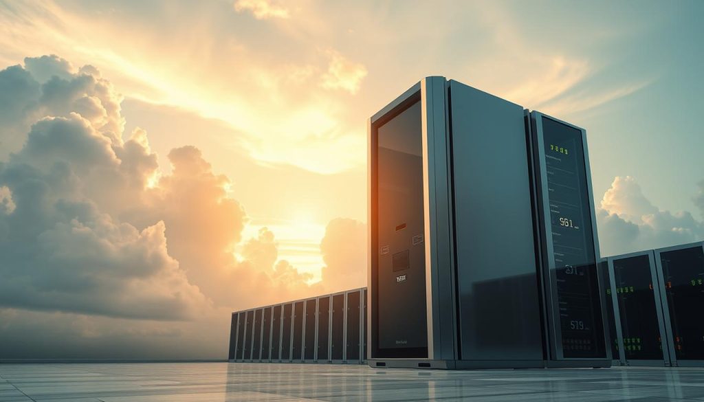 A serene cloud-filled sky provides a tranquil backdrop for a sleek, futuristic data center. In the foreground, a gleaming S3-compatible storage tower stands tall, its polished surfaces reflecting the sunlight. The tower's modular design suggests scalability and flexibility, hinting at the boundless storage capacities of this cutting-edge technology. Subtle ambient lighting casts a warm, inviting glow, highlighting the tower's intuitive user interface and advanced monitoring systems. The overall scene conveys a sense of efficiency, reliability, and seamless data management, perfectly encapsulating the key benefits of S3-compatible storage solutions.
