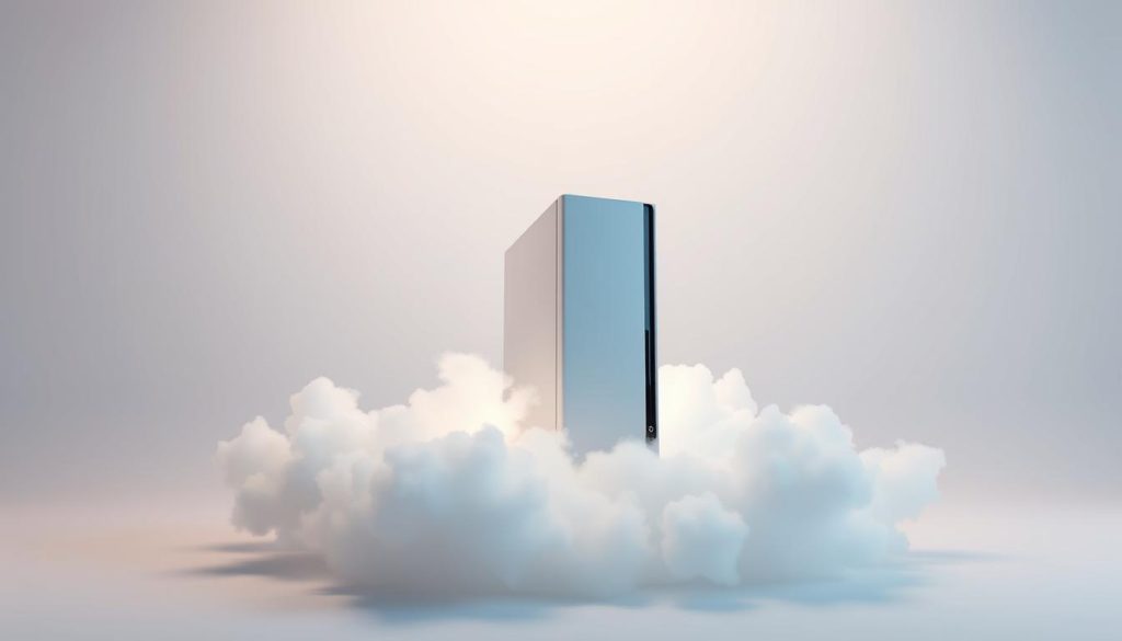 A serene cloud formation enveloping a sleek, modern computer tower, symbolizing the seamless integration of local storage and cloud-based resources. The scene is bathed in soft, diffused lighting, creating a sense of harmony and balance. The tower stands prominently in the foreground, its clean lines and subtle details accentuated by the wispy, ethereal clouds that surround it. In the background, a minimalist, neutral-toned environment reinforces the concept of cloud storage, emphasizing the idea of effortless accessibility and scalability. The overall composition conveys the essence of the "Mount" process - the seamless incorporation of remote storage into a user's local computing environment.
