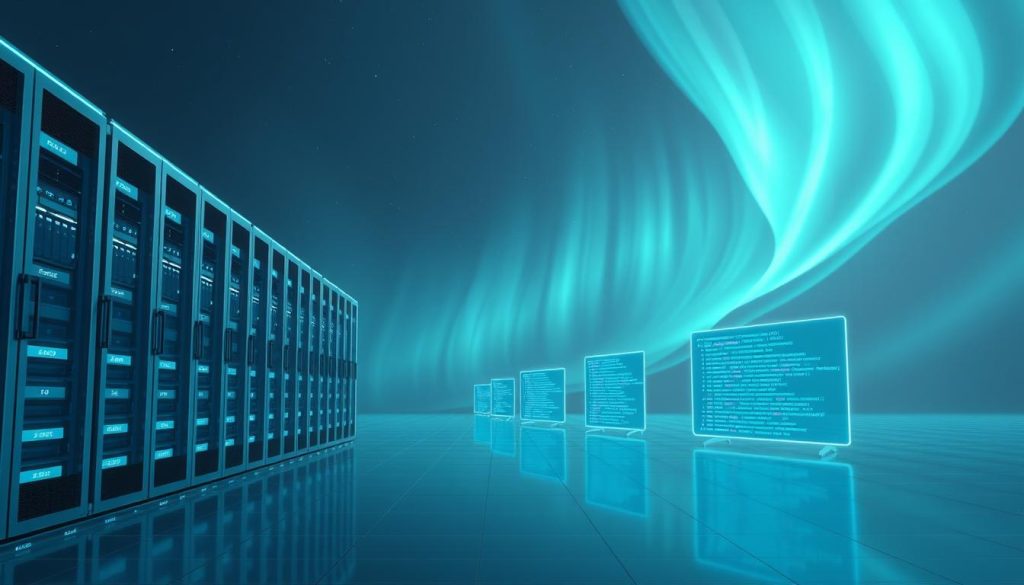 A serene, futuristic landscape depicting the deployment of Node.js applications in the cloud. In the foreground, a sleek, minimalist data center hums with activity, its servers and storage arrays bathed in a cool, blue glow. In the middle ground, lines of code cascade down holographic displays, representing the seamless integration and orchestration of containerized Node.js services. The background is filled with a stunning, aurora-like sky, its ethereal ribbons of light symbolizing the boundless potential of cloud-native computing. The overall atmosphere conveys a sense of technological progress, efficiency, and innovation - a fitting representation of the future of Node.js deployment.
