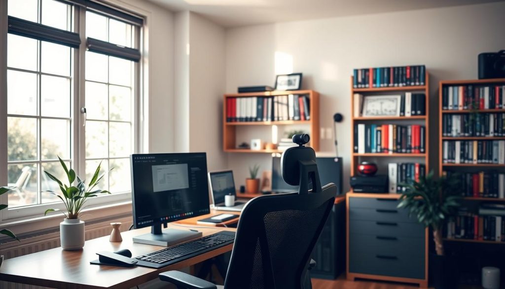 A serene home office space, bathed in natural light from large windows. In the foreground, a sleek, modern desktop computer setup with a high-resolution display, a mechanical keyboard, and a high-quality webcam. The middle ground features a comfortable ergonomic chair and a neatly organized desk, adorned with a potted plant and a few personal items. The background showcases bookshelves filled with technical manuals and programming books, hinting at the owner's expertise. The overall atmosphere is one of productivity, focus, and the benefits of self-hosting Jira - control, customization, and privacy.