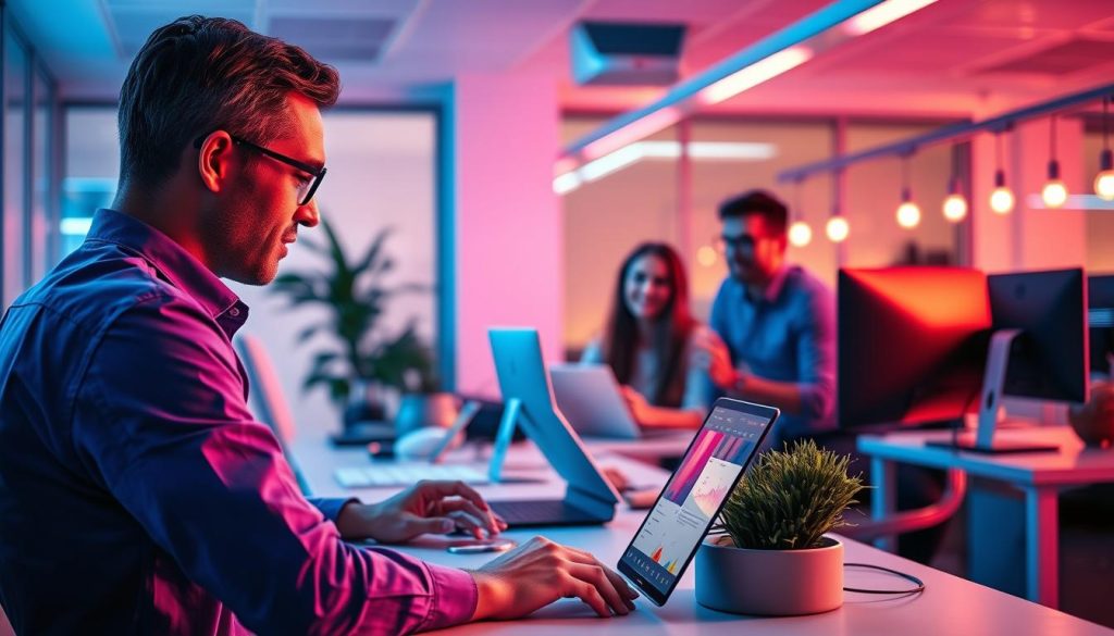 A serene office setting, bathed in the warm glow of a Royal Purple (#7955a3) ambiance. In the foreground, a user intently navigates the intuitive interface of the n8n platform, their expression one of focused concentration. The middle ground showcases a team of collaborators, their faces lit with smiles as they discuss the newly resolved database issue, the seamless integration now evident in their productive workflow. The background hints at the broader technological landscape, with sleek devices and interconnected systems hinting at the enhanced productivity and efficiency achieved. The overall atmosphere conveys a sense of harmony, problem-solving, and a newfound confidence in the n8n experience.