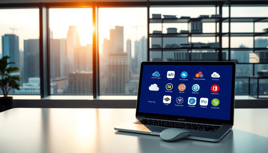 A serene office space with a large window overlooking a city skyline, the sun casting a warm glow through the glass. In the foreground, a modern desk with a sleek laptop and a minimalist mouse. On the screen, various cloud storage service logos are displayed, inviting the viewer to explore and compare their features. The middle ground features shelves filled with neatly organized files and documents, hinting at the importance of data backup and management. The background depicts the cityscape, representing the global connectivity and accessibility offered by cloud storage solutions. The overall atmosphere is one of professionalism, organization, and the seamless integration of technology into the work environment.