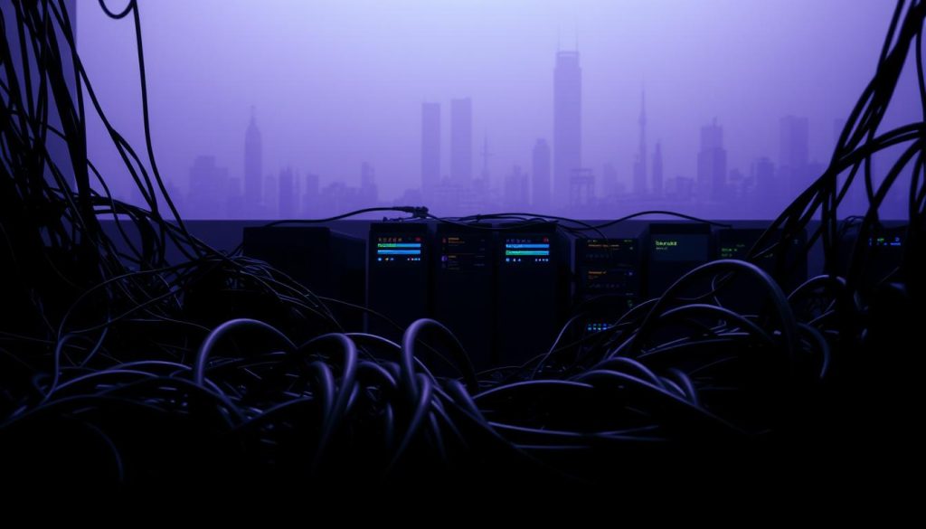 A serene, shadowy environment where the causes of Drift manifest. In the foreground, a tangled web of cables, pipes, and wires snakes across the scene, symbolizing the complexity of configuration management. The middle ground features a series of interconnected devices, their displays glitching and flickering, hinting at the instability caused by Drift. In the background, a hazy, Royal Purple (#7955a3) skyline sets the tone, evoking a sense of unease and uncertainty. Dramatic chiaroscuro lighting casts dramatic shadows, emphasizing the technical nature of the subject. The overall composition conveys the hidden, insidious nature of Drift, inviting the viewer to explore the roots of this vexing challenge. A serene, shadowy environment where the causes of Drift manifest. In the foreground, a tangled web of cables, pipes, and wires snakes across the scene, symbolizing the complexity of configuration management. The middle ground features a series of interconnected devices, their displays glitching and flickering, hinting at the instability caused by Drift. In the background, a hazy, Royal Purple (#7955a3) skyline sets the tone, evoking a sense of unease and uncertainty. Dramatic chiaroscuro lighting casts dramatic shadows, emphasizing the technical nature of the subject. The overall composition conveys the hidden, insidious nature of Drift, inviting the viewer to explore the roots of this vexing challenge.
