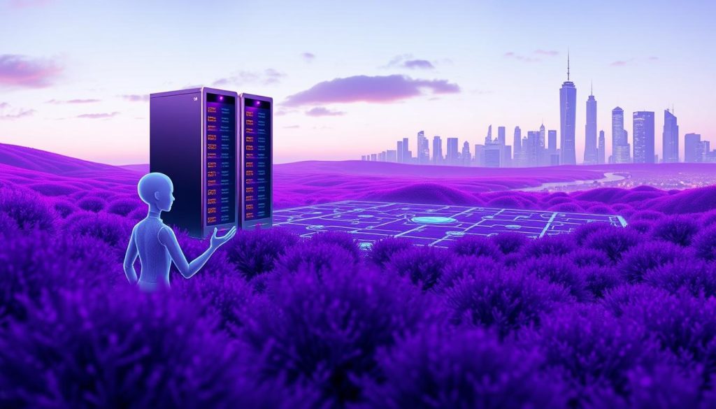 A serene tech oasis, n8n as a Service stands tall amidst a royal purple landscape. Sleek, futuristic servers hum with efficiency, their metallic surfaces gleaming under the soft, diffused lighting. In the foreground, a virtual assistant gestures gracefully, guiding users through the intuitive interface. The middle ground features a panoramic view of interconnected workflows, data streams flowing seamlessly between nodes. In the background, a cityscape of modern skyscrapers reflects the innovation and progress embodied by this powerful automation platform. The overall atmosphere radiates a sense of order, productivity, and technological prowess.