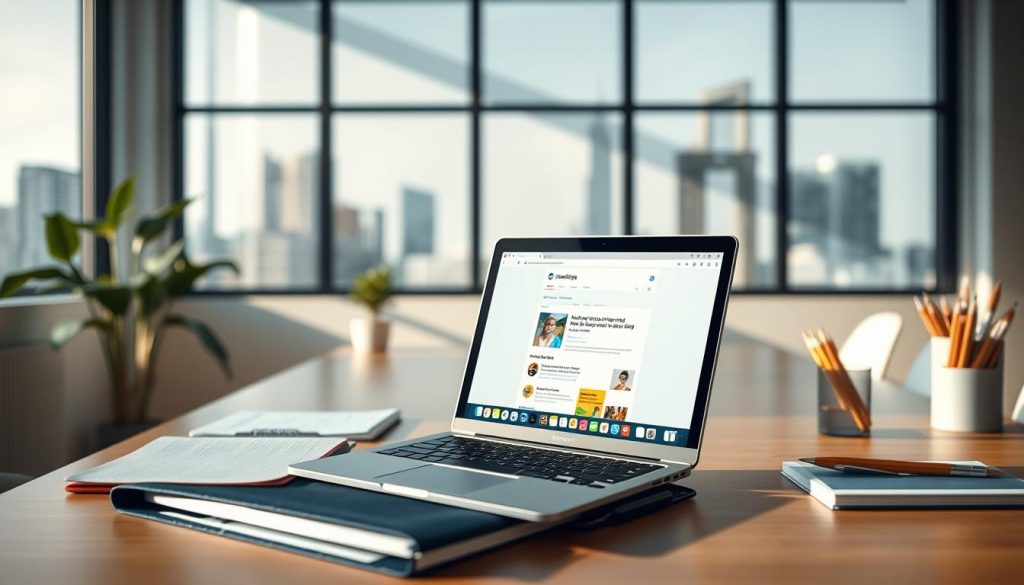 A serene, well-lit office space with an open laptop displaying a web browser, symbolizing access to digital resources. In the foreground, a folder and stationery items suggest organization and productivity. The middle ground features a minimalist desk setup with a potted plant, conveying a sense of focus and tranquility. The background showcases a large window overlooking a cityscape, hinting at the broader context of the subject matter. The lighting is soft and natural, creating a warm, inviting atmosphere. The composition and color palette evoke a sense of professionalism, accessibility, and the harmony between digital and physical workspaces.