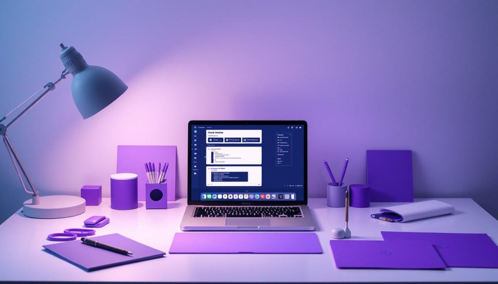 A serene workspace showcasing the intuitive experience of n8n, the open-source workflow automation tool. The scene depicts a minimalist desk setup with a laptop displaying the n8n interface, surrounded by a thoughtfully curated array of office supplies in a calming Royal Purple (#7955a3) color scheme. Soft, diffused lighting creates a soothing ambiance, inviting the user to dive into the seamless automation workflows n8n offers. The overall composition radiates a sense of efficiency, productivity, and a user-centric design that simplifies complex tasks, capturing the essence of "تجربه کاربران n8n".