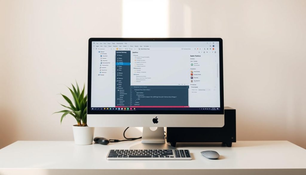 A sleek and minimalist desktop computer setup with Jenkins running as a service on the system. The machine has a clean, modern aesthetic with a large, high-resolution monitor displaying the Jenkins interface. The screen shows a dashboard with various configuration options and active build pipelines. The computer is positioned on a simple, uncluttered desk, with just a keyboard, mouse, and perhaps a small plant or two in the background. The lighting is soft and natural, casting a warm glow on the scene. The overall atmosphere conveys a sense of efficiency, reliability, and professionalism - the perfect environment for Jenkins to perform its vital role in the software development lifecycle.