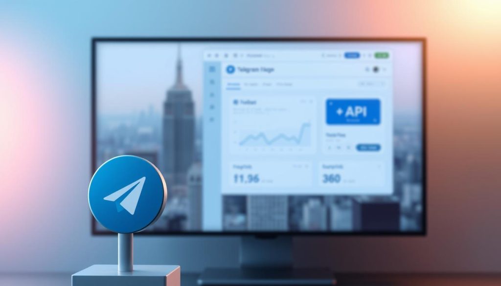 A sleek and modern API service interface, with a clean and intuitive design. The foreground features a Telegram logo, symbolizing the integration with the Telegram platform. The middle ground showcases a responsive web application, with a minimalist dashboard displaying API usage statistics and configuration options. The background depicts a cityscape, hinting at the scalable and distributed nature of the service, capable of serving a wide user base. The lighting is soft and directional, creating depth and highlighting the key elements. The overall mood is one of efficiency, professionalism, and technological sophistication, conveying the idea of a reliable and user-friendly Telegram API-as-a-Service solution.