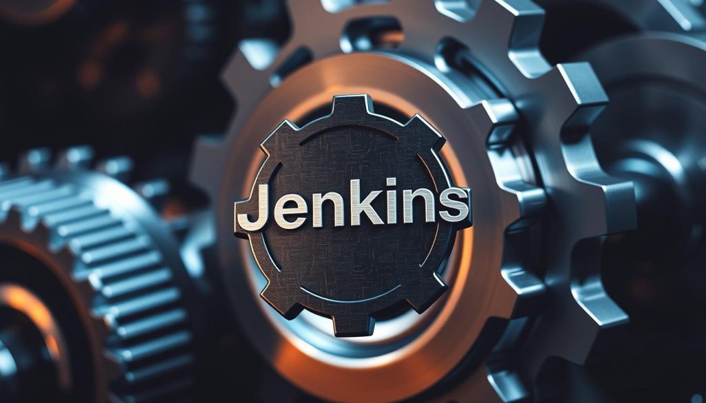 A sleek and modern Jenkins logo, prominently displayed in the center of the composition. The logo has a metallic sheen, with subtle textures and reflections that suggest a high-tech, industrial aesthetic. In the background, a series of interconnected gears and cogs turn smoothly, symbolizing the optimization and efficiency of the Jenkins platform. The lighting is dramatic, with highlights and shadows creating a sense of depth and dynamism. The overall mood is one of precision, power, and technological prowess, reflecting the "optimization" theme of the section.