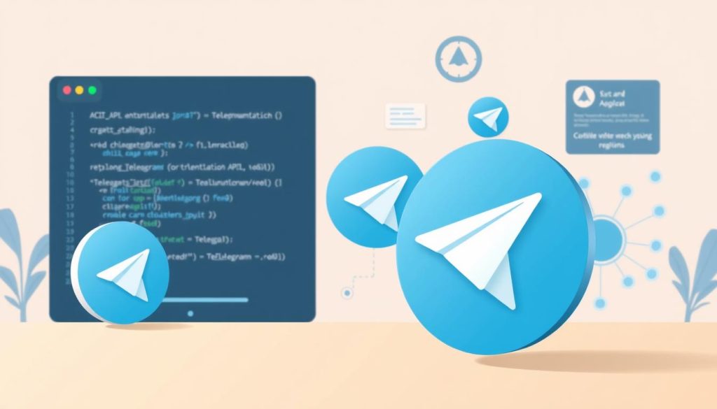 A sleek and modern illustration of the Telegram API, captured in a stylish, minimalist setting. The foreground features the Telegram logo, rendered in a bold and eye-catching manner, with a strong focus on the iconic paper plane motif. The middle ground showcases various API-related elements, such as code snippets, API documentation, and network diagrams, all presented in a clean and organized fashion. The background is a soft, muted gradient, creating a sense of depth and emphasizing the technical aspects of the Telegram API. The overall composition is balanced and visually appealing, with a professional and authoritative tone that would be suitable for the specified article section.