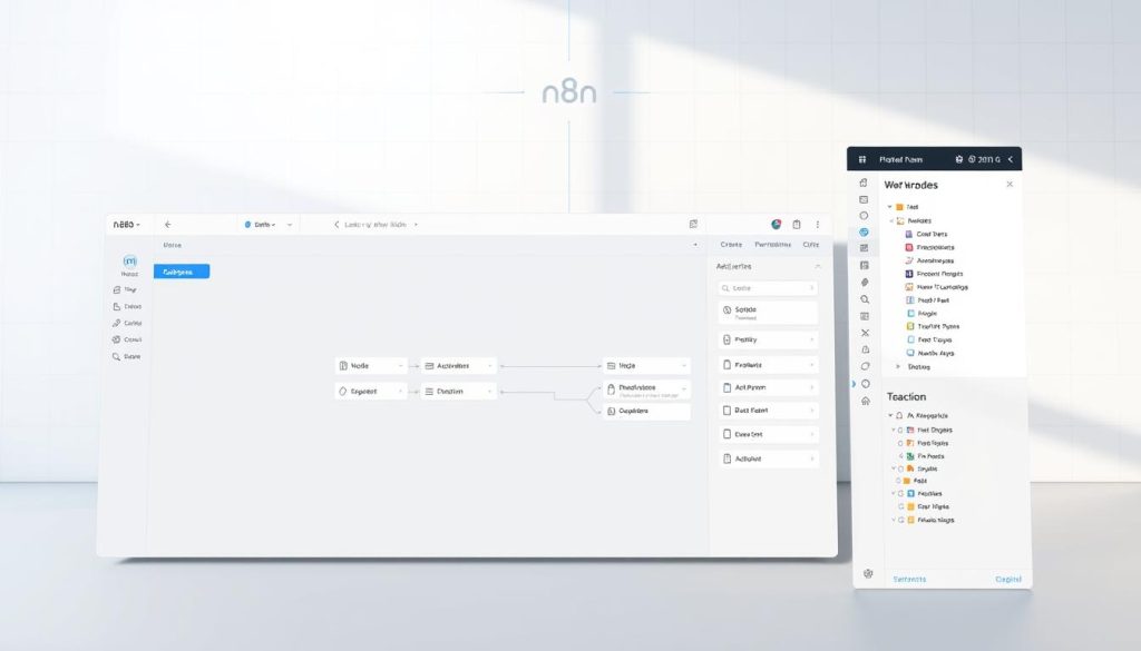 A sleek and modern interface of the n8n workflow builder, showcasing the creation of a new workflow. The foreground features the main canvas with nodes, edges, and configuration panels, allowing the user to visually construct their automation. The middle ground depicts the sidebar with the available nodes and the top navigation bar. The background showcases a clean and minimalist design with subtle grid patterns, complementing the overall professional and intuitive user experience. The scene is illuminated by a soft, natural lighting that enhances the clarity and depth of the interface elements. The camera angle provides a balanced and centered composition, inviting the viewer to engage with the workflow building process.