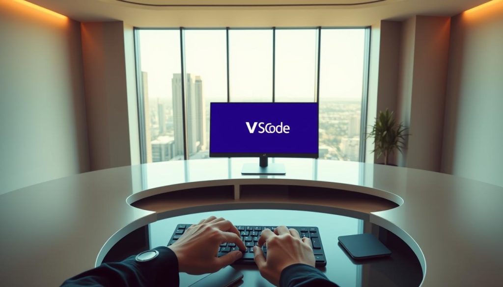 A sleek and modern office setting, with a large, curved desk featuring a state-of-the-art desktop computer displaying the VSCode logo. The room is bathed in warm, diffused lighting, creating a serene and professional atmosphere. In the foreground, a pair of hands is typing diligently on the keyboard, while in the background, a large window overlooking a cityscape provides a sense of depth and connection to the outside world. The overall scene conveys a sense of focused problem-solving and reliable technical support for the VSCode platform.