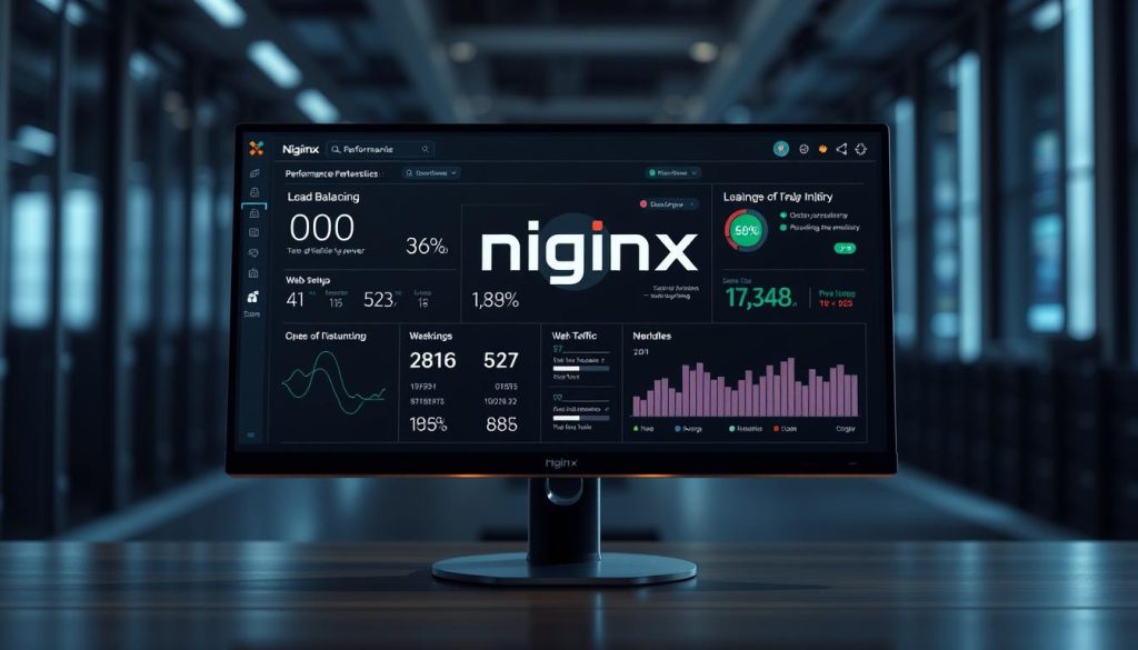 A sleek and modern web server interface, featuring the Nginx logo prominently displayed on a high-resolution monitor. The screen showcases performance metrics, load balancing statistics, and smooth animations demonstrating the efficient distribution of web traffic. The scene is illuminated by soft, directional lighting that casts subtle shadows, creating a professional and technical atmosphere. The background blurs subtly, drawing the viewer's attention to the central display. The overall composition conveys the power and reliability of Nginx as a load balancing solution.