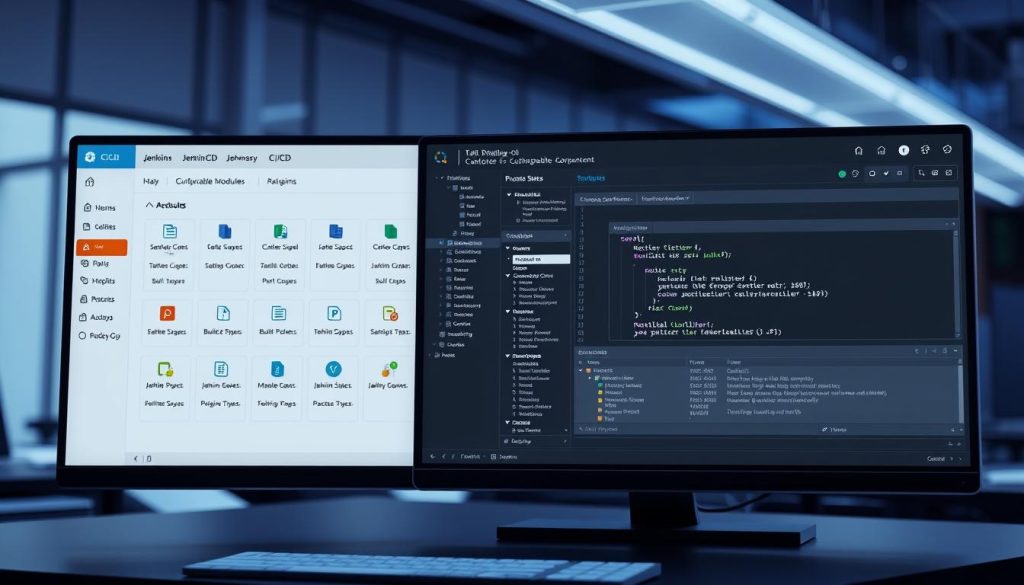 A sleek, modern computer interface showcasing the customizable features of Jenkins CI/CD platform. In the foreground, a central dashboard displays various configurable modules and plugins, all rendered in a minimalist, high-contrast design with clean typography. The middle ground features a series of windows detailing the setup and management of Jenkins pipelines, complete with code snippets and build status indicators. The background depicts a softly lit, tech-savvy environment, perhaps an engineering team's workspace, emphasizing the versatility and power of Jenkins for streamlining software development workflows.