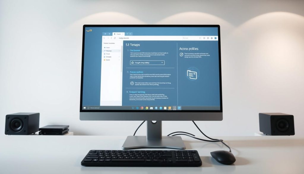 A sleek, modern computer workstation with a large, high-resolution monitor displaying various stages of an S3 storage setup process. The desktop is clean and uncluttered, with a keyboard, mouse, and other essential peripherals neatly arranged. The background is a minimalist, light-colored office setting, with subtle shadows and soft, even lighting from above, creating a professional and focused atmosphere. The screen showcases different steps of the S3 setup, such as creating buckets, managing access policies, and configuring object versioning, all rendered in a clear, user-friendly interface. The overall composition conveys a sense of efficiency, attention to detail, and the seamless integration of technology in a well-organized workspace.