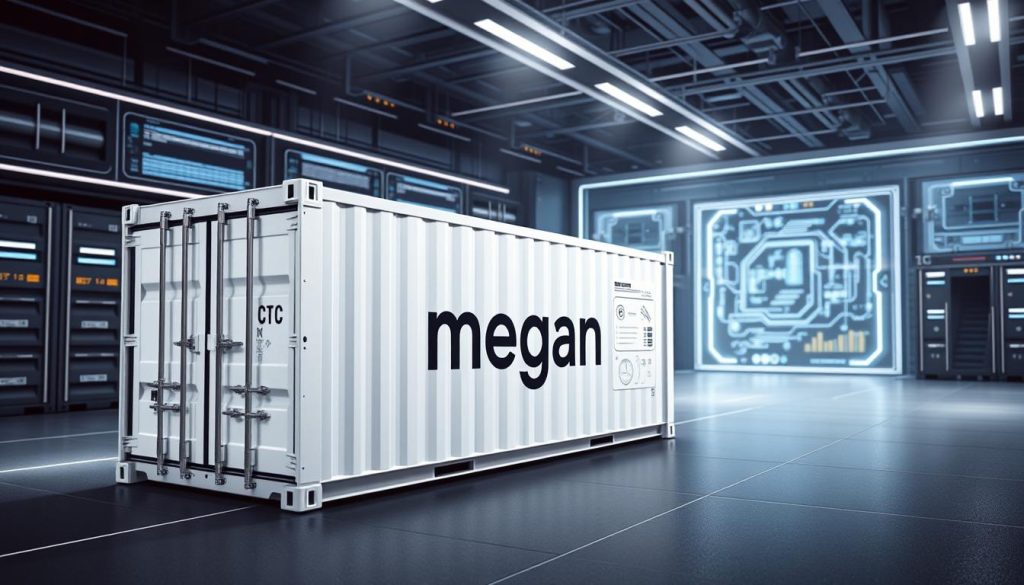 A sleek, modern container optimization scene. In the foreground, a megan branded container appears, its pristine white exterior contrasting with the rich #7955a3 color highlights. Elegant lines and minimal design elements convey efficiency and performance. The middle ground features a futuristic, semi-transparent user interface, displaying real-time container metrics and optimization controls. In the background, a complex network of interconnected containers and servers hint at the scale and complexity of the system. Soft, directional lighting illuminates the scene, casting subtle shadows and adding depth. The overall mood is one of technological sophistication, precision, and the pursuit of optimal container performance.