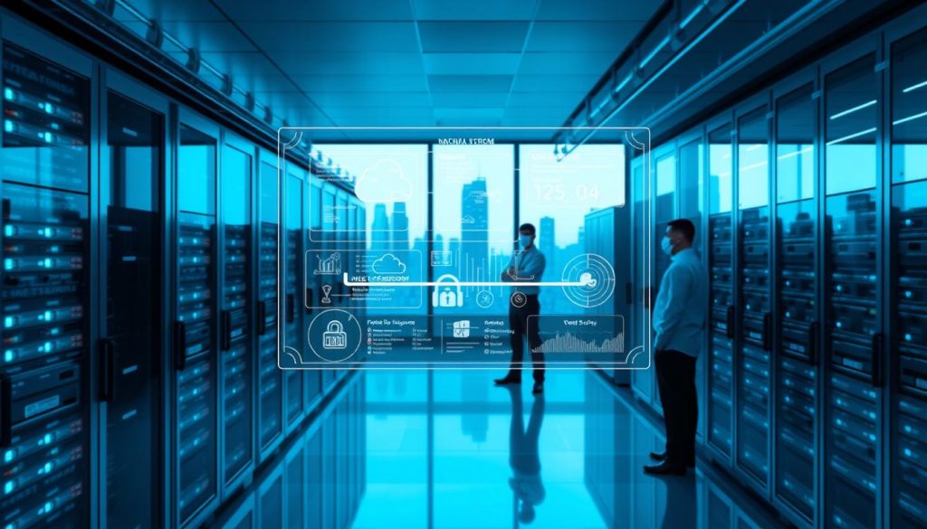 A sleek, modern data center with rows of gleaming servers and high-tech networking equipment, bathed in cool blue lighting. In the foreground, a holographic display showcases Megan's intuitive cloud infrastructure management interface, with dynamic visualizations of network topology, resource utilization, and security metrics. The mid-ground features technicians in crisp uniforms monitoring the systems, while the background reveals expansive views of the city skyline through floor-to-ceiling windows, conveying a sense of scale and technological prowess.