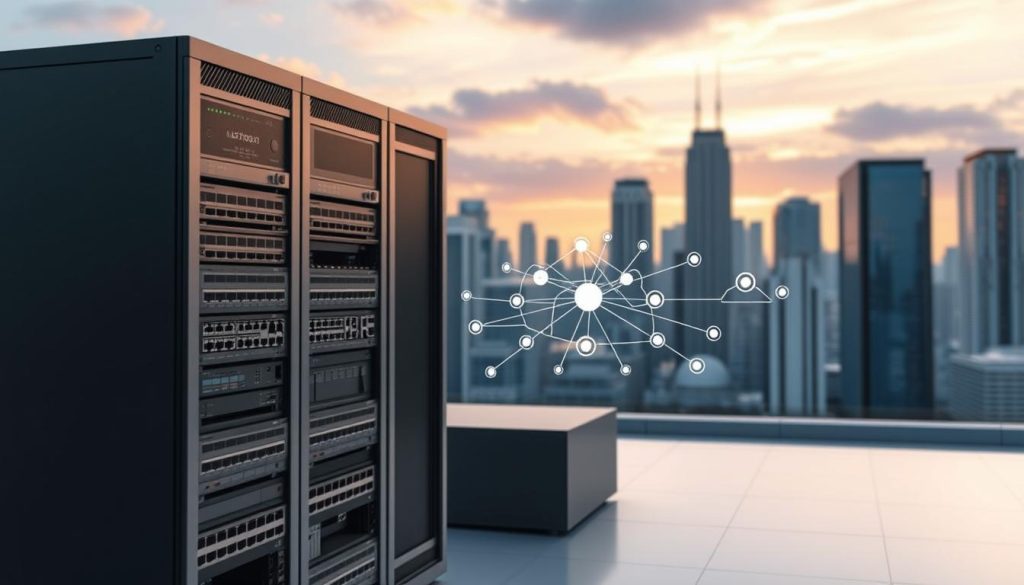 A sleek, modern network configuration setup in a cloud environment. The foreground features a server rack with various networking equipment like routers, switches, and modems. The middle ground showcases a network diagram with interconnected nodes and data flows. In the background, a vibrant cityscape with towering skyscrapers and a serene sky with soft, diffused lighting. The overall scene conveys a sense of efficiency, connectivity, and technological prowess within a cloud-based infrastructure. The image should capture the essence of network services and their seamless integration in a cloud-based computing paradigm.