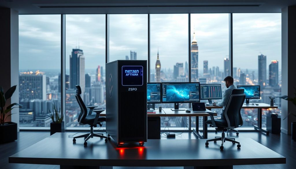 A sleek, modern office interior with a large window overlooking a bustling city skyline. The centerpiece is a state-of-the-art computer workstation, with a powerful desktop tower, multiple high-resolution displays, and an ergonomic chair. The desk is neatly organized, with a minimalist design and clean lines. Subtle ambient lighting casts a warm glow, creating a productive and focused atmosphere. In the background, a team of engineers collaborates on a complex software project, their faces illuminated by the glow of their screens. The overall scene conveys the efficiency and innovation of the &quot;خدمات مگان&quot; services.