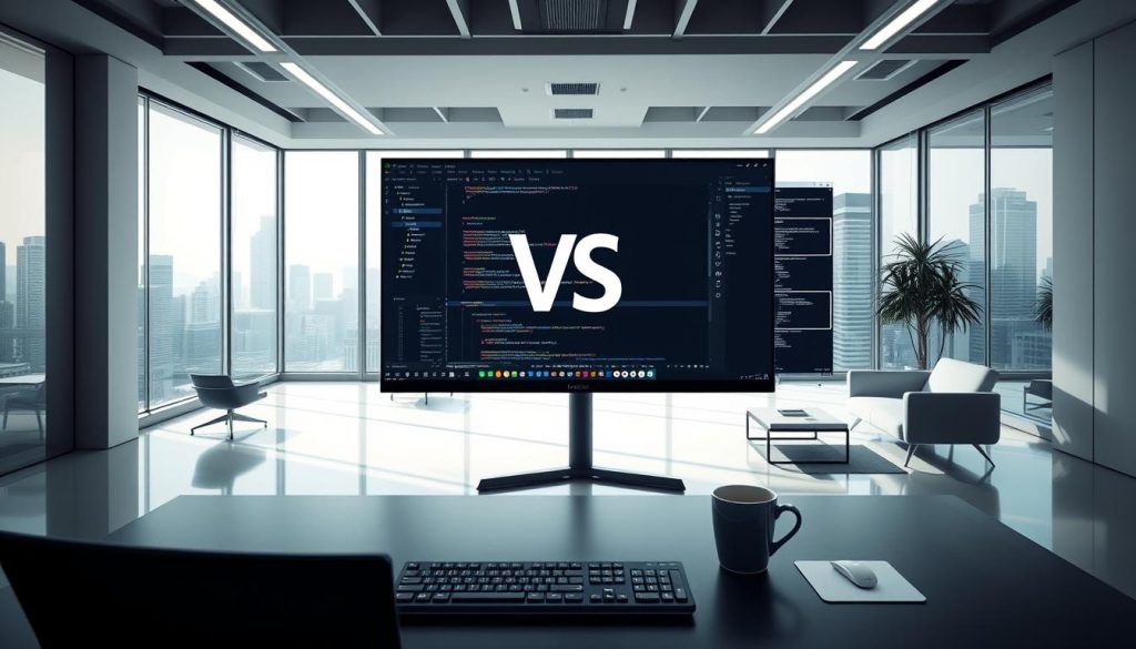 A sleek, modern office workspace with a large central display showcasing the iconic Visual Studio Code logo. The foreground features a developer's desk with a keyboard, mouse, and a cup of coffee, all in a minimalist design. The middle ground depicts a minimalist, open-plan office environment with sleek furniture and large windows, allowing natural light to pour in. The background features a cityscape skyline, hinting at the cloud-based, remote-accessible nature of this "VS Code as a Service" concept. The lighting is soft and balanced, creating a professional and productive atmosphere. The overall scene conveys the idea of a seamless, cloud-based development environment accessible from anywhere.