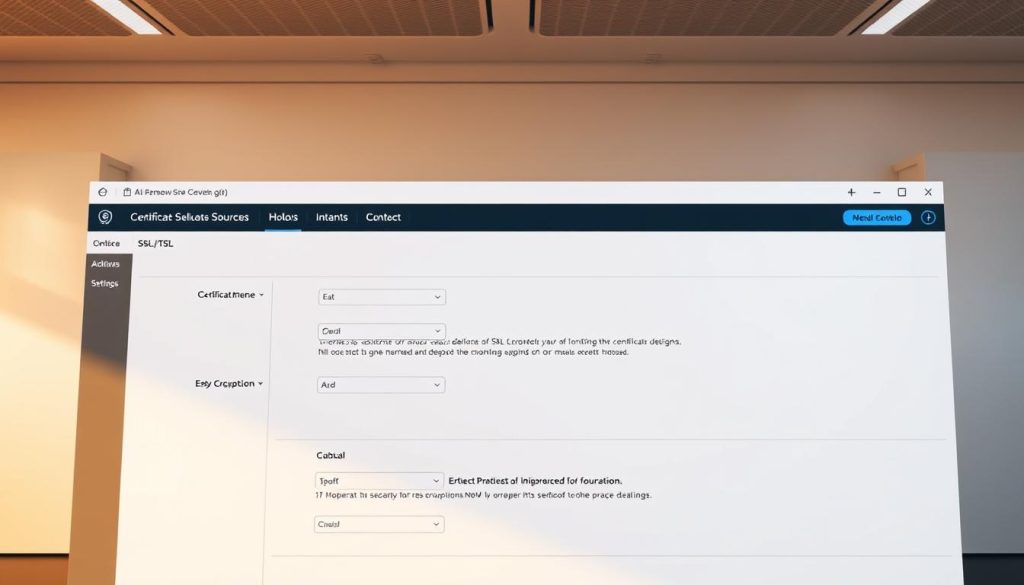 A sleek, modern server configuration interface with a focus on SSL/TLS settings. The foreground displays a clean, minimalist dashboard with options to configure certificate sources, encryption protocols, and other SSL-related parameters. The middle ground features a well-organized sidebar menu and toggles for advanced options. The background has a subtle gradient or texture suggestive of a cloud-based platform, conveying a sense of reliability and security. The overall scene is lit by warm, neutral lighting that creates a professional, enterprise-grade atmosphere.