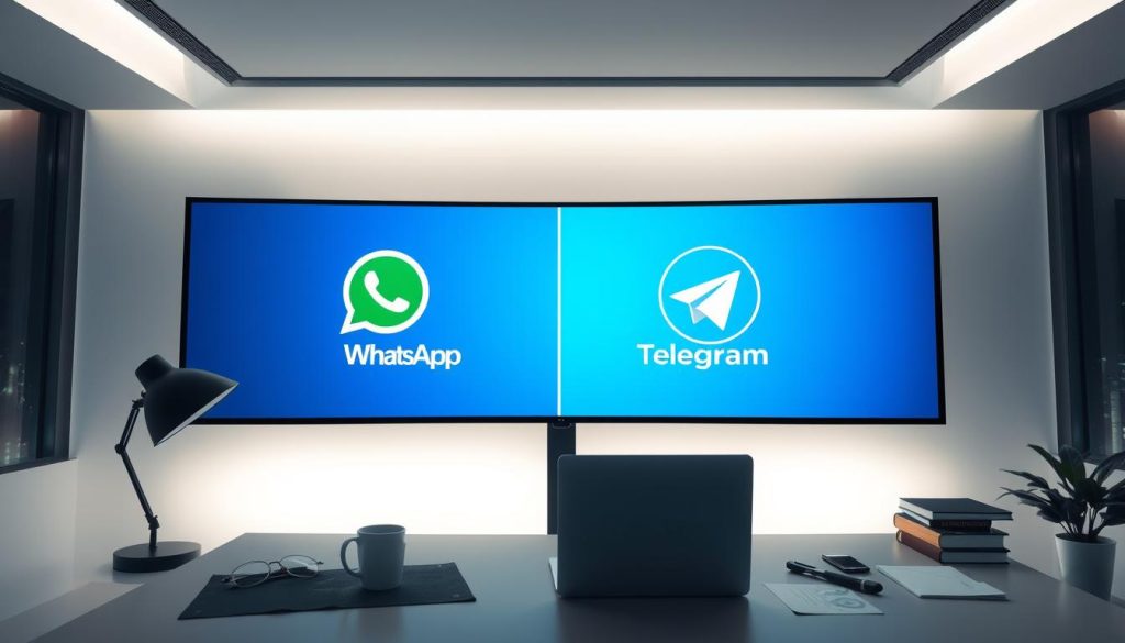 A sleek, modern software engineering office interior with a large display screen showcasing the WhatsApp and Telegram logos, symbolizing their API integration. The screen is flanked by a developer's desk, neatly organized with a laptop, coding materials, and a cup of coffee. Soft, directional lighting illuminates the scene, creating a professional, focused atmosphere. The background features a subtle, blurred cityscape, hinting at the global connectivity enabled by the integrated APIs. The composition emphasizes the harmony and synergy between the two leading messaging platforms, ready to power the Node.js application deployment.
