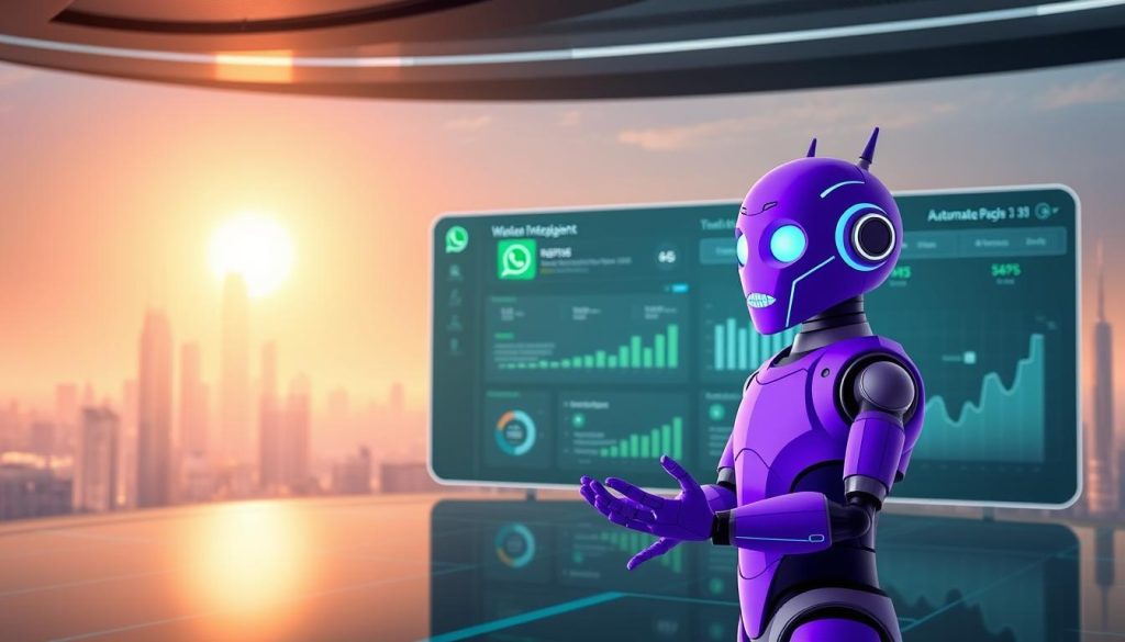A sophisticated, futuristic interface showcasing the seamless integration of WhatsApp's automation capabilities. In the foreground, a stylized chatbot avatar, rendered in a royal purple hue (color code #7955a3), interacts with virtual interface elements, symbolizing the power of conversational AI. The middle ground features a sleek, minimalist dashboard displaying various automation tools and metrics, while the background depicts a serene, futuristic cityscape bathed in a warm, ambient glow, suggesting the expansive potential of automated WhatsApp solutions. The overall composition conveys a sense of technological prowess, efficiency, and the transformative impact of WhatsApp API-powered automation.