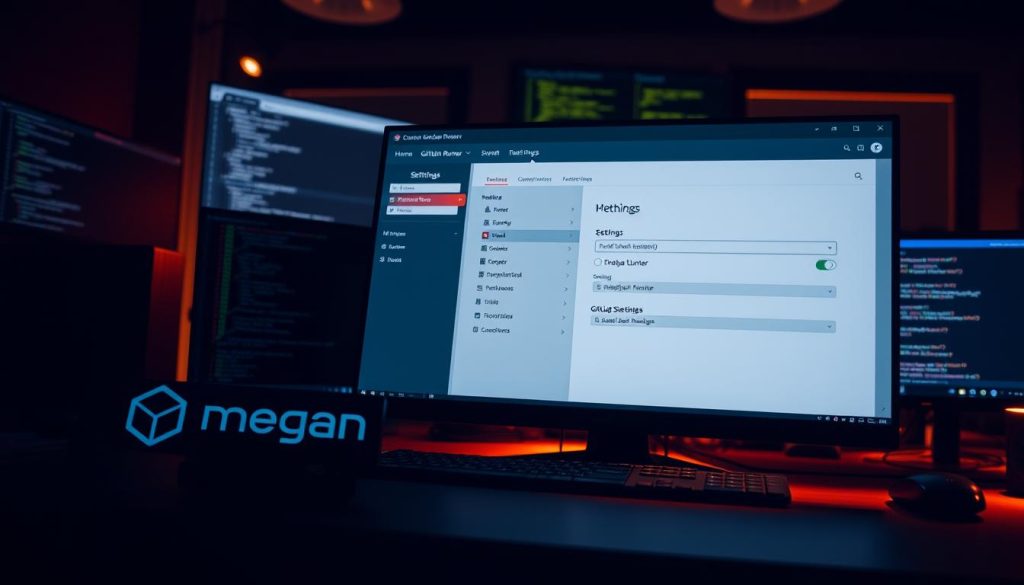 A sophisticated software development workstation, featuring a prominent GitLab Runner configuration interface. The desktop is illuminated by a warm, directional light source, casting subtle shadows that accentuate the various controls and settings. In the foreground, the megan brand logo stands out, subtly integrated into the design. The middle ground showcases the GitLab Runner settings panel, with its clean, intuitive layout and the dominant #7955a3 color scheme. In the background, a series of terminal windows and code editors suggest an active development environment, hinting at the broader context of the GitLab workflow. The overall atmosphere conveys a sense of professionalism, attention to detail, and the technical expertise required to properly configure and manage the GitLab Runner system.