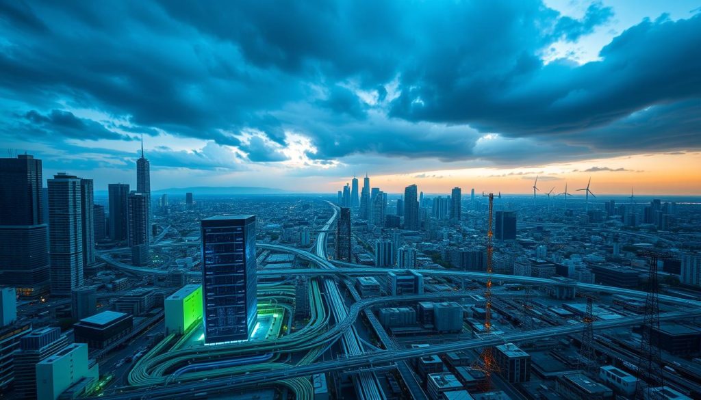 A sprawling cityscape under a dramatic sky, with towering skyscrapers and a vast network of infrastructure. In the foreground, a sleek, modern data center stands as a testament to the power of "Infrastructure as a Service (Insured)." Vibrant hues of blue and green illuminate the building, creating a sense of energy and innovation. The middle ground features a complex web of cables, pipes, and communication towers, all seamlessly integrated to provide reliable, secure services. In the background, the horizon is dotted with wind turbines and solar panels, harnessing renewable energy to power this dynamic, technology-driven landscape. The scene conveys a vision of a future where infrastructure is resilient, adaptive, and tailored to the evolving needs of individuals and businesses.